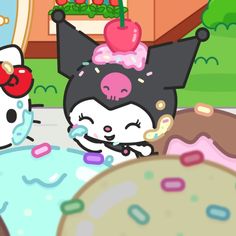 hello kitty and her friends are having fun in the pool with each other while eating donuts