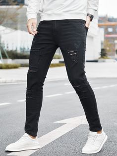 Negro  Collar  Mezclilla Liso Pantalón pitillo Embellished Elástico Alto  Mezclilla para hombre Black Ripped Denim Jeans, Black Ripped Jeans Men, Black Ripped Punk Jeans, Black Jeans Boys, Luxury Ripped Men's Jeans, Mens Jeans, Collar, Free Shipping