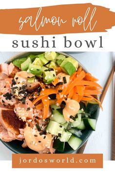 a bowl filled with salmon, cucumber and carrots next to chopsticks