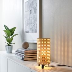 a lamp that is sitting on top of a shelf next to a potted plant