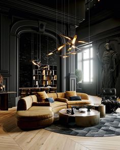 an elegant living room with black walls and wooden floors