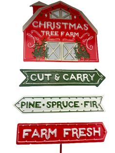 three farm signs are shown on top of each other in red, white and green