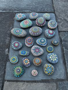 Mandalas, freehand painted on rocks, vases, and tiles. Every one is different and individual with different color schemes and designs. Pebble Mandala Mosaic, Rock Tile, Pebble Stone, Stone Crafts, Pebble Painting, Stone Rocks, Photo Props, Painted Rocks, Different Colors