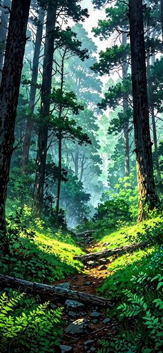 a painting of a path in the woods