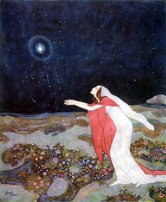 a painting of a woman reaching for the stars