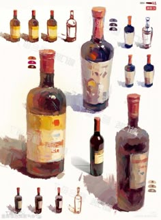 several bottles of liquor are shown in this painting