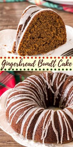 there is a bundt cake with icing on the plate next to another bundt cake