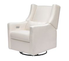 a white recliner chair sitting on top of a metal base with an arm rest