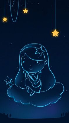 a cartoon character sitting on top of a cloud with stars in the sky above it