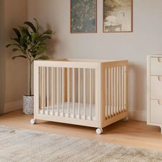 a white crib in a room with two pictures on the wall and a potted plant next to it