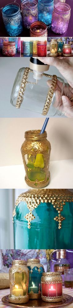 there are three different pictures of jars with candles in them