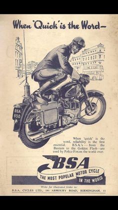 an advertisement for the bs4 motor cycle in the world, with a man riding on it