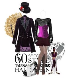 the costume is purple and black with an elaborate top hat, tights, and heels