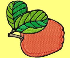 a red apple with a green leaf on it's tip and a yellow background