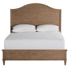 a bed with white sheets and pillows on it's headboard, against a white background