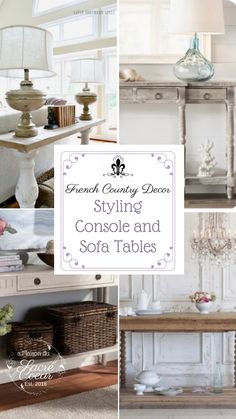 several different tables and lamps with the words grand country decor styling console and sofa tables