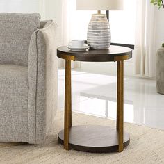 The Uttermost - Palisade Side Table - 25554 | Montreal Lighting & Hardware Restauration Hardware, Round Wood Side Table, Metal Columns, Gold Side Table, Table 19, Wood Side Table, Wooden Side Table, Modern Side Table, Side Table Wood