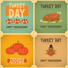 four different thanksgiving cards with turkey, turkey and pumpkins on the sides in retro style