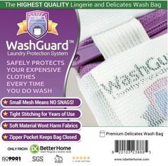 the label for washguard laundry products is shown in purple and white, with an image of