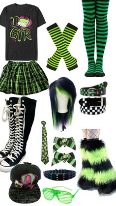 #scene #style #gay #outfits #green Neon Punk Clothes, Scene Goth Aesthetic, Gir Halloween Costume, Scene Concert Outfit, Scene Outfits Drawing, Grunge Scene Outfits, Colorful 2000s Outfits, Silly Outfit Ideas, Scene Inspo Outfit