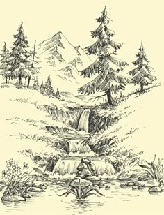 a waterfall in the forest with trees and mountains behind it, drawn by hand on paper