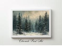 a painting of snow covered pine trees in the woods with text underneath it that reads, chernide paint art