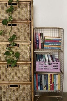 a wicker book shelf with books and plants on it next to a basket filled with books