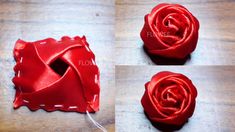 four images show how to make a flower out of satin ribbon, and then sew