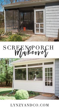 the before and after pictures of a screened porch makeover