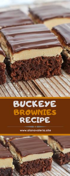 chocolate brownies with peanut butter frosting are on a cooling rack and the words buckeye brownies recipe above it