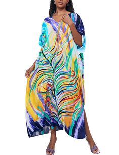 PRICES MAY VARY. SIZE: one size beach kaftan dresses for women fits US size S, M, L, XL MATERIAL: This caftan dress is made of soft and lightweight fabric, cool and comfy in the summer FEATURES: Chic print, V-neck, side split, loose fit, oversized long beach coverup, which makes you feel free. MATCHING: easy to match with a bikini, swimsuit, bathing suit, sun hat, sunglasses, making you look more charming. OCCASION: perfect caftan dress for a beach, swimming pool, loungewear, waterpark, tanning Beach Season Printed Kaftan With Kimono Sleeves, Colorful Maxi Beachwear Dress, Multicolor Kaftan With Kimono Sleeves For Beach Season, Tropical Kaftan For Beach In Summer, Tropical Beach Kaftan For Summer, Spring Vacation Kaftan With Vibrant Print, Beach Maxi Dress With Vibrant Print, Multicolor Flowy Cover-up For Beach Party, Flowy Maxi Dress With Vibrant Print For Vacation