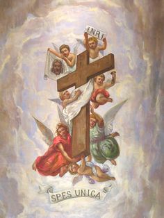 a painting of jesus on the cross with angels around it and an inscription that reads, no 1 sepes unica