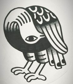 a black and white drawing of a bird with long legs on it's head