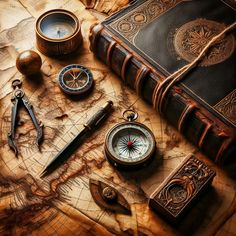 an old world map, compass, pocket watch and other items on it are lying next to each other