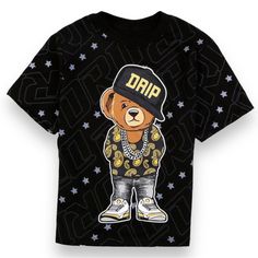 Vibes Boys Teddy Bear Drip Tee! Super Soft Knit Material Cotton/Polyester Machine Wash Crew Neckline Crew Neck Bear Print Top For Streetwear, Crew Neck Top With Bear Print For Streetwear, Black Casual T-shirt With Bear Print, Black Crew Neck Top With Bear Print, Bape Kids, Snoopy Shirt, Artist Tees, Disney High, Teddy Bear Clothes