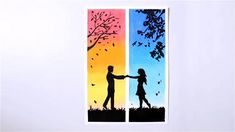 two paper cutouts depicting people holding hands in front of a tree with birds flying over them