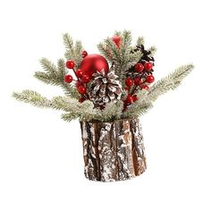 a vase filled with pine cones and red ornaments