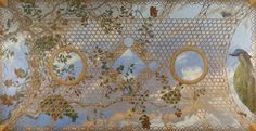 an artistic painting with birds and flowers on the ceiling in front of clouds, trees and sky