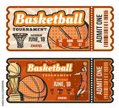 two basketball ticket templates with an image of a ball on the front and back