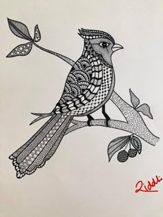 a drawing of a bird sitting on a branch