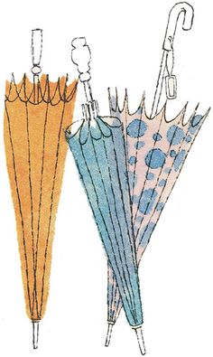 three umbrellas with different colors and designs are shown in this drawing, one is orange, the other is blue