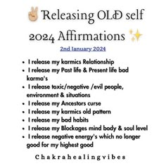 a poster with the words releasing old self and affirmationss on it's side