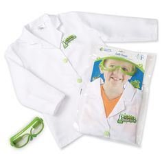 a child's lab coat and goggles are shown in this image with the package