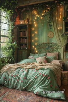 a bedroom decorated in green and pink with fairy lights