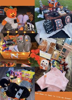 a collage of halloween items and decorations on a picnic table with candles, pumpkins, booze bags, books, and more