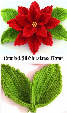 crochet christmas flower with green leaves and red poinsettia