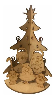 a wooden christmas tree with three wise men around it