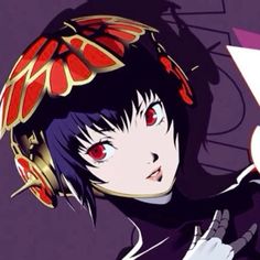 an anime character with red eyes and black hair wearing a butterfly headdress, looking at the camera