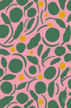 a pink and green wallpaper with oranges on the bottom right hand corner in an abstract pattern