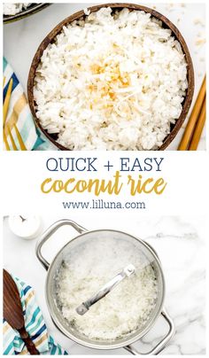 rice in a pot with text overlay that reads quick and easy coconut rice